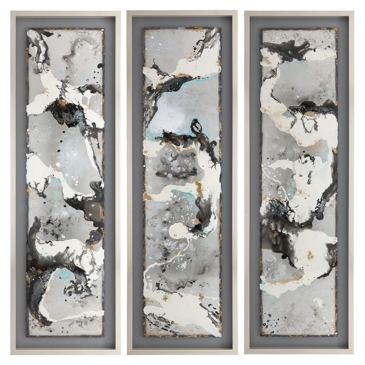 66" x 21" Abstract Canvas Black On Silver Frame (Set of 3) - Black