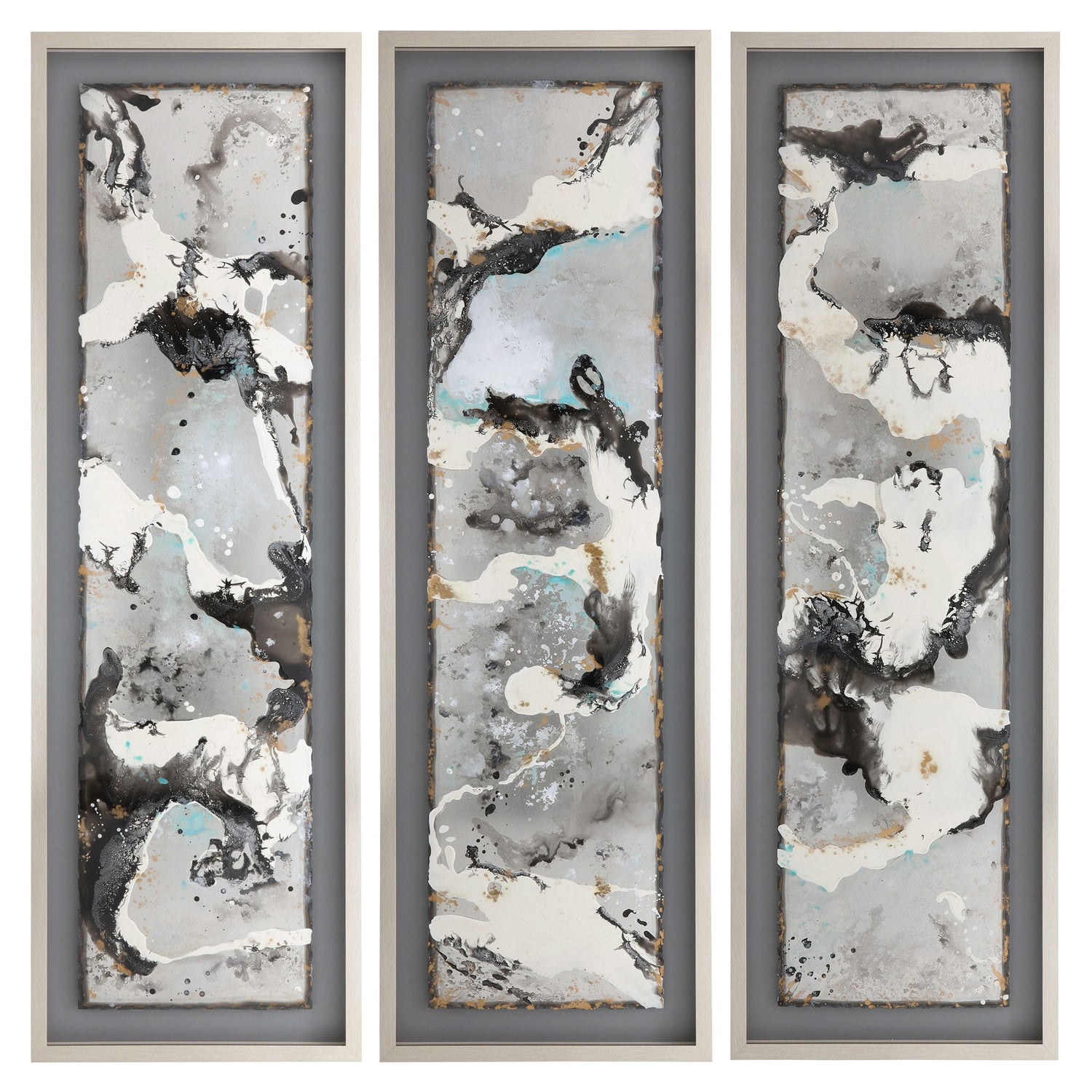 66" x 21" Abstract Canvas Black On Silver Frame (Set of 3) - Black