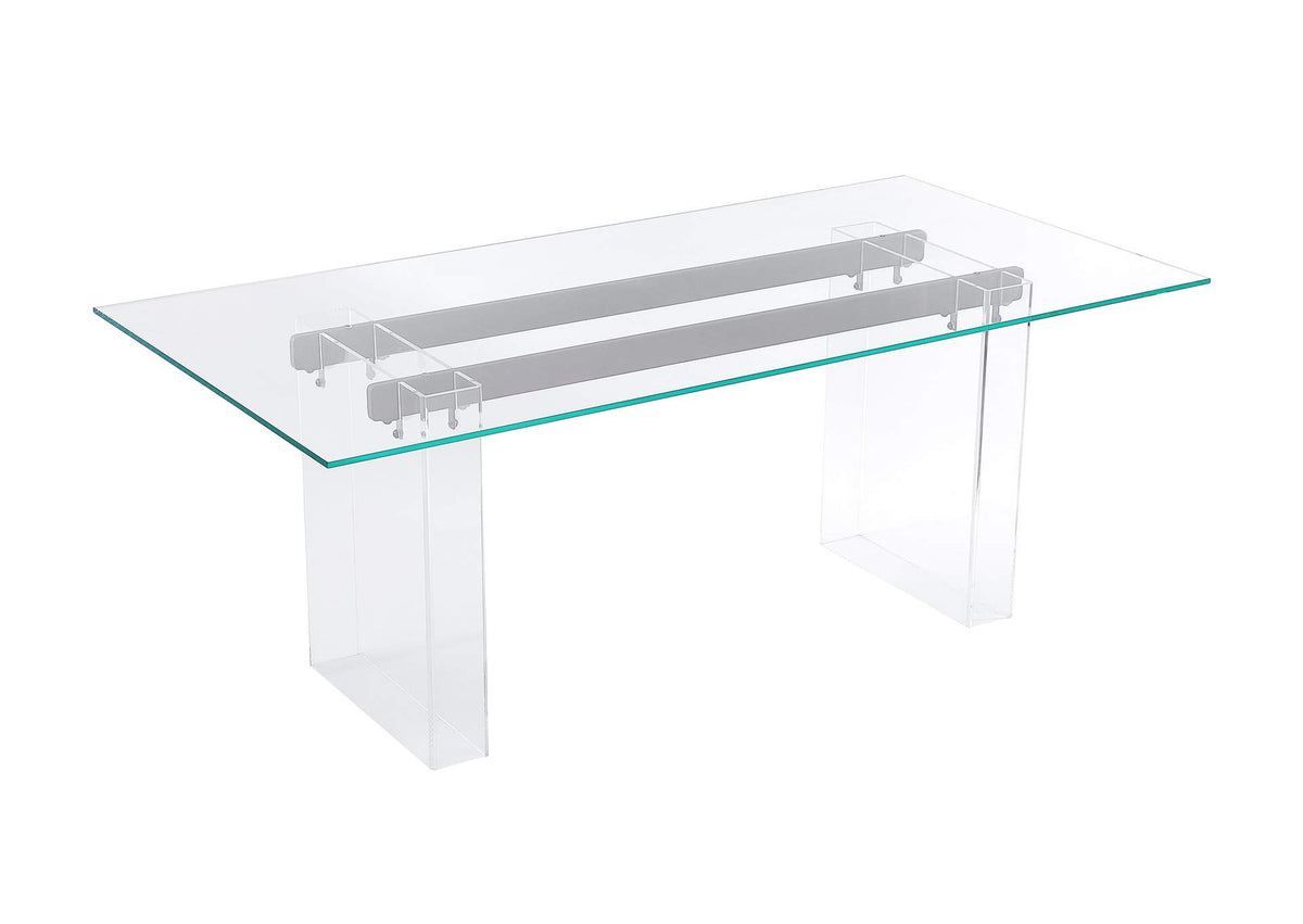 PWSR60 Moorea Double Pedestal Rectangular Dining Table In Clear Acrylic, Glass And Bronze Metal