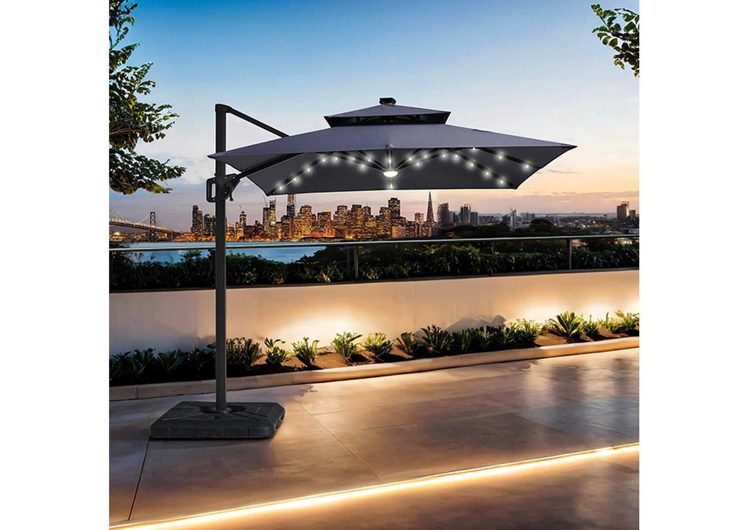 Xico 8 Ft Square Umbrella w/ Double Top w/ LED Light + 37" Large Base