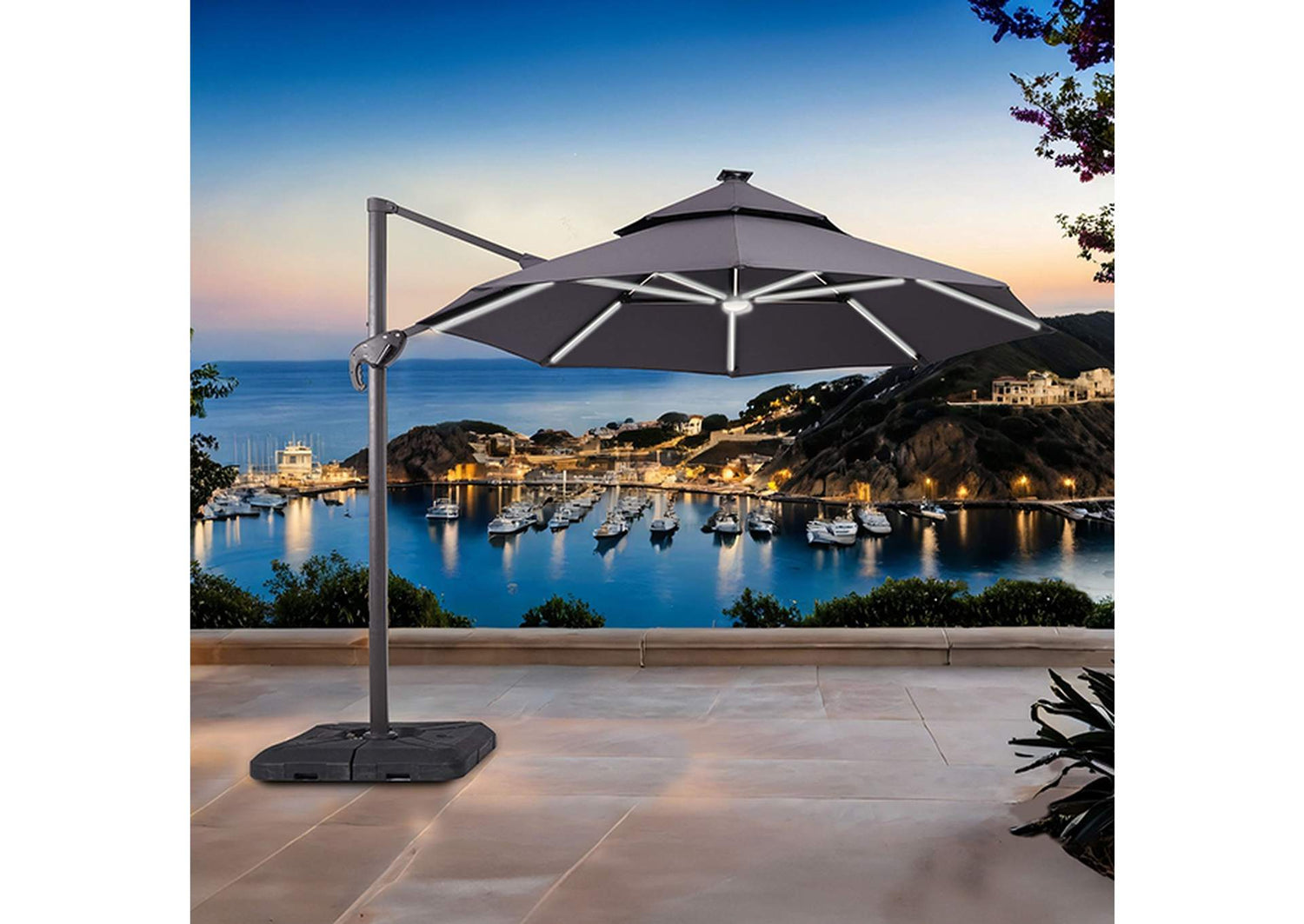 Fera 10 Ft Round Umbrella w/ LED Bulb + 37" Large Base