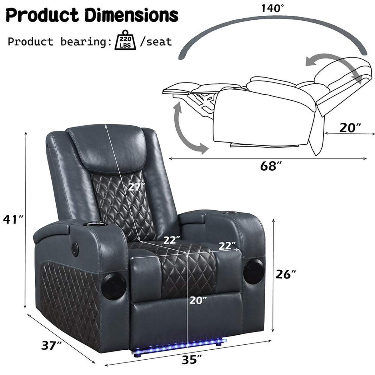 LV02459 Alair Power Motion Recliner with Bluetooth, Wireless Charger and Cupholder