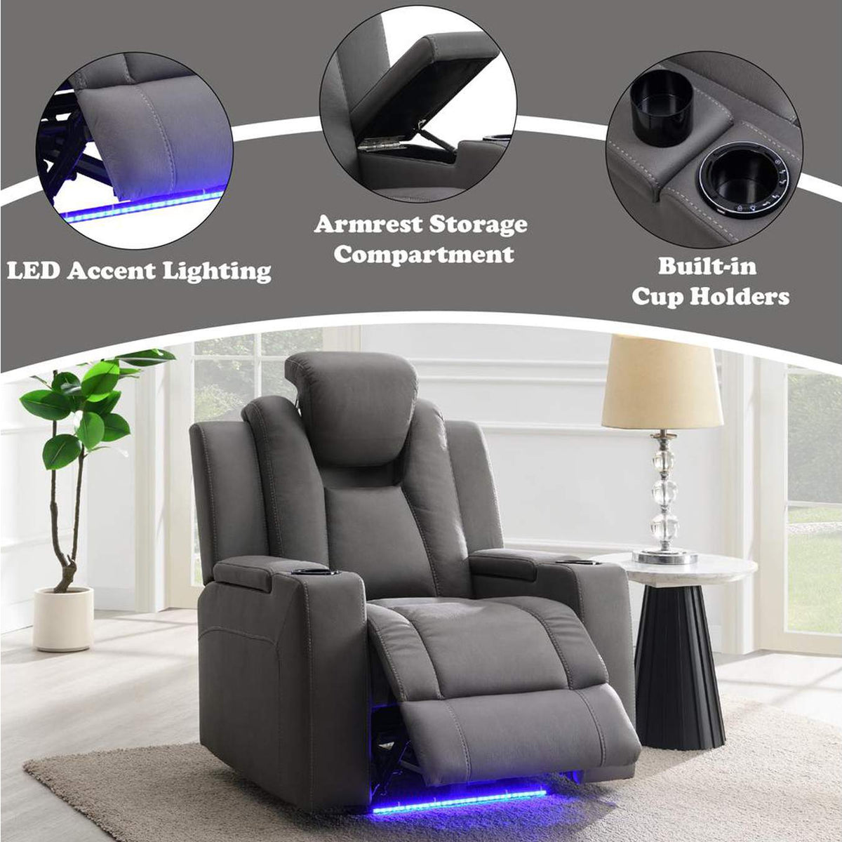 LV02834 Leuco Power Motion Recliner with Cup Holder, Control, Led and Power Headrest