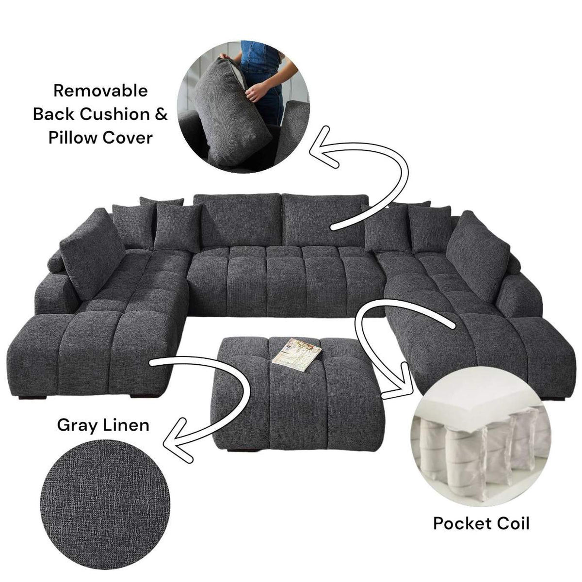 LV02840 Chosen Sectional Sofa with 6 Pillows