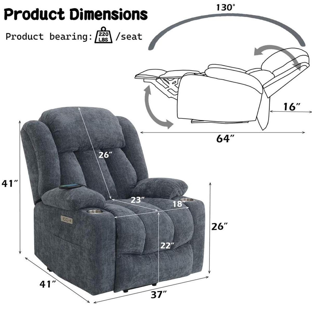 LV02996 Omarion Power Recliner with Lift, Heating and Massage