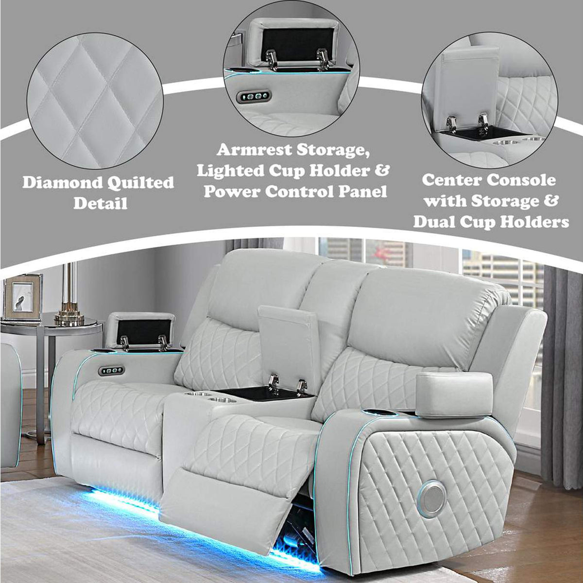 LV05901 Elonzo Power Motion Loveseat with Console, Led, Power Headrest and Speaker