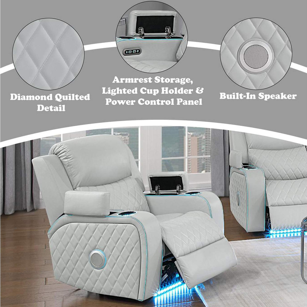 LV05902 Elonzo Power Motion Recliner W with Led, Power Headrest and Speaker