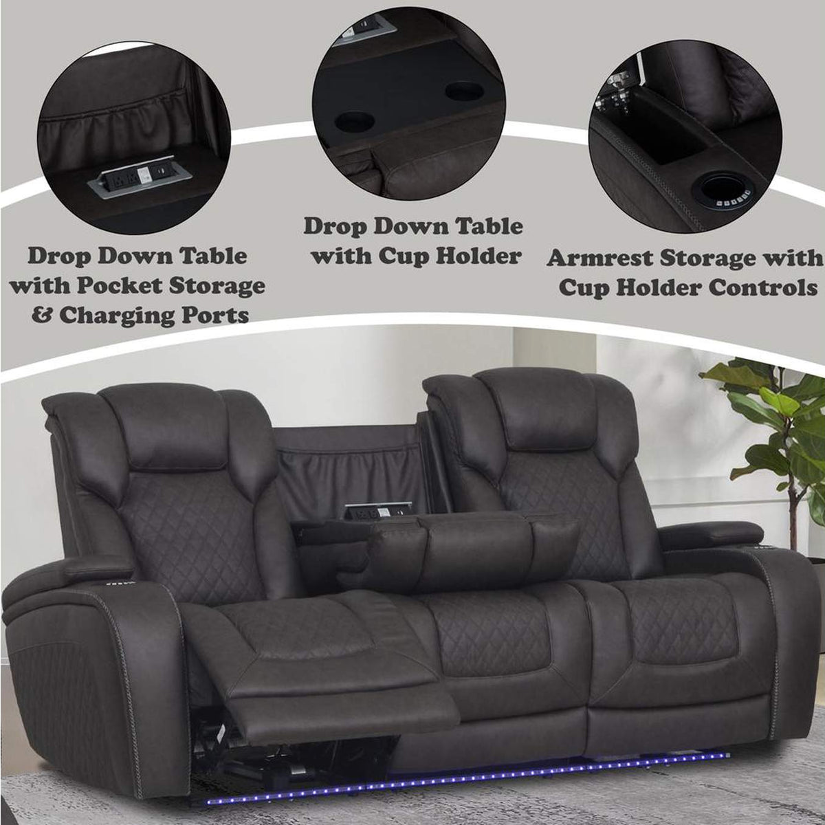 LV06220 Wendell Power Motion Sofa with Dropdown Table, Storage, USB and Led