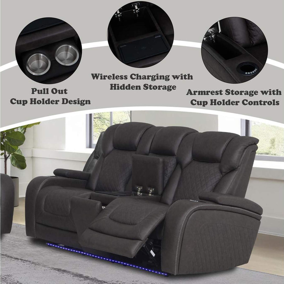 LV06221 Wendell Power Motion Loveseat with Console, Wireless Charger, Storage, USB and Led