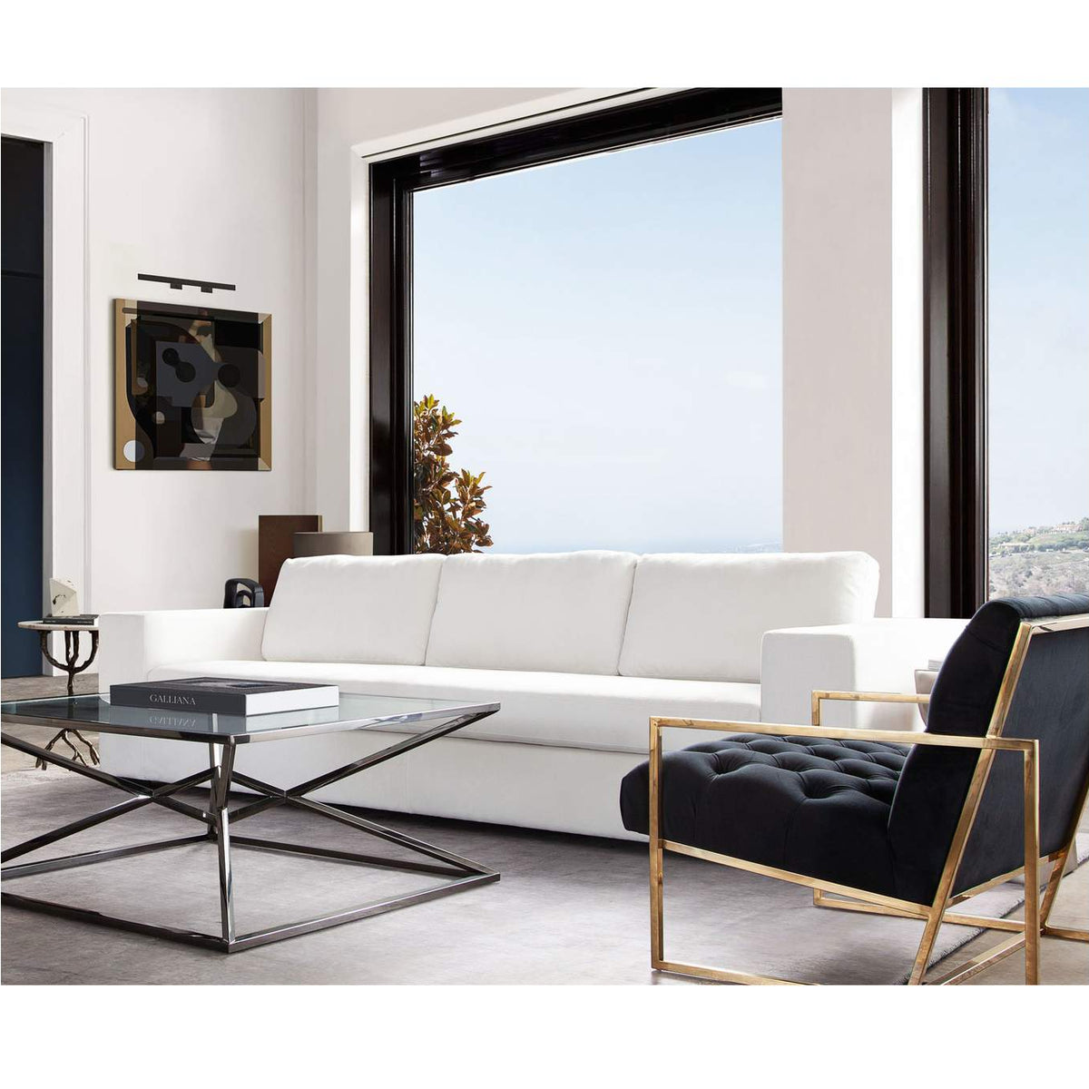 MUSESOWH Muse Sofa In Mist White Performance Fabric W/ (4) Black Accent Pillows