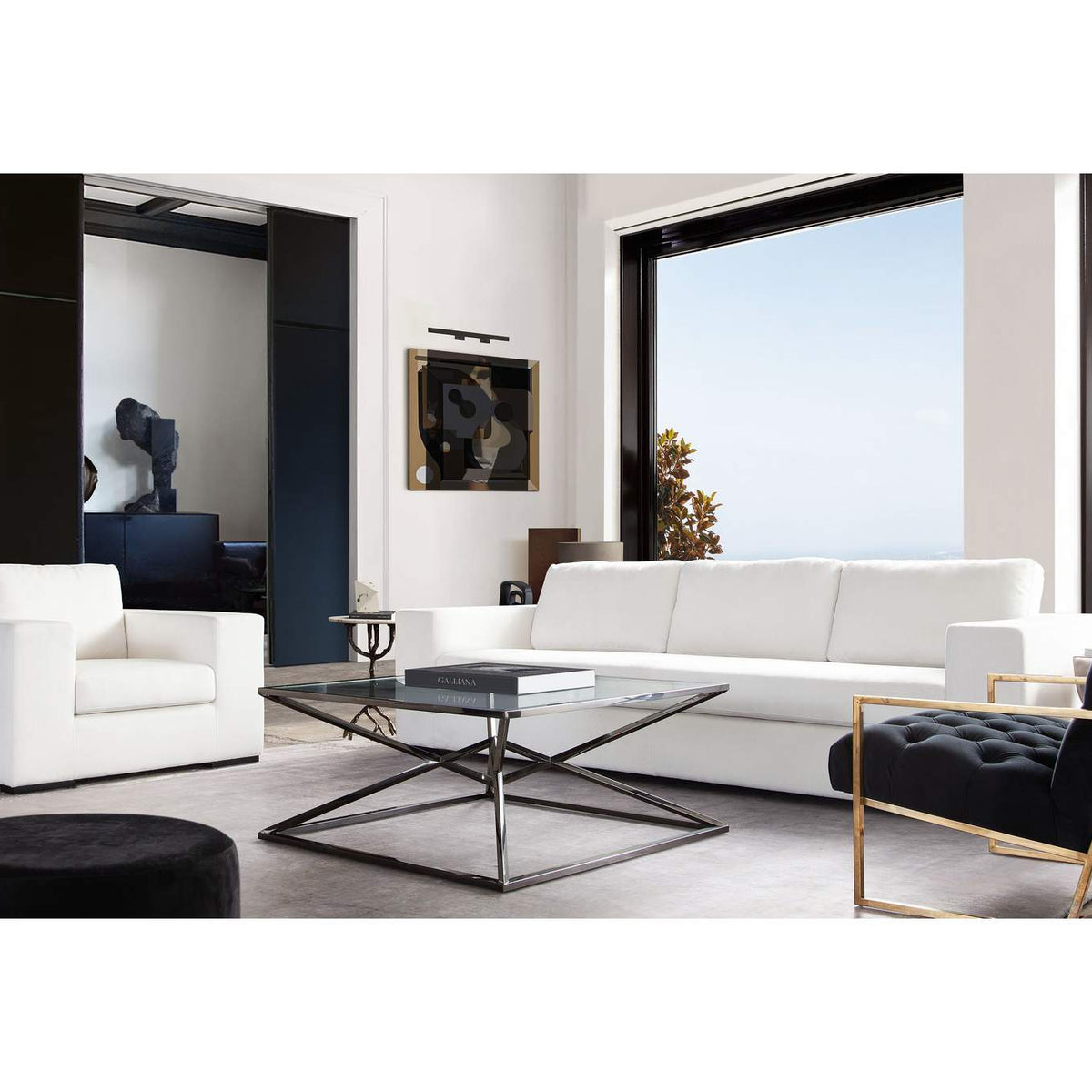 MUSESOWH Muse Sofa In Mist White Performance Fabric W/ (4) Black Accent Pillows