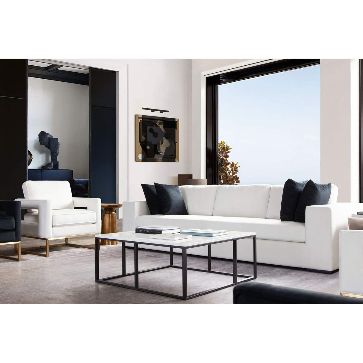 MUSESOWH Muse Sofa In Mist White Performance Fabric W/ (4) Black Accent Pillows