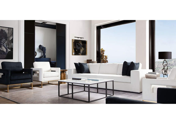 MUSESOWH Muse Sofa In Mist White Performance Fabric W/ (4) Black Accent Pillows