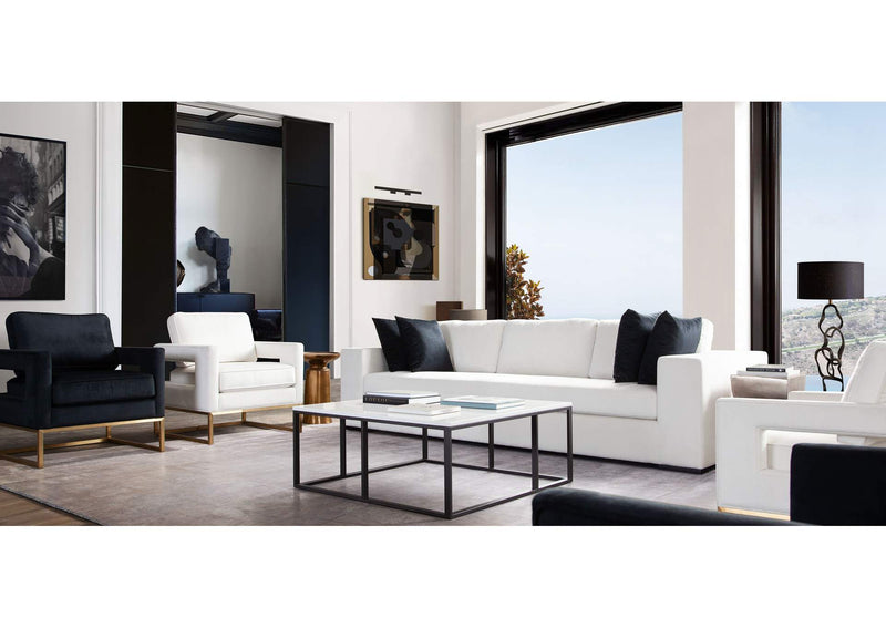 MUSESOWH Muse Sofa In Mist White Performance Fabric W/ (4) Black Accent Pillows