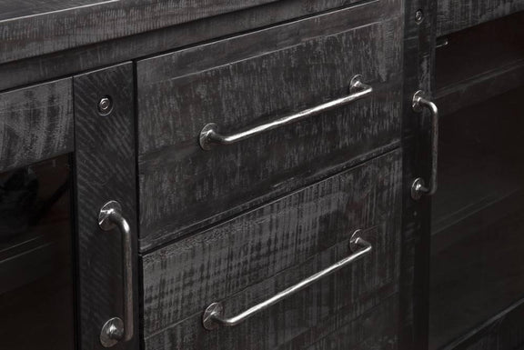 Close-up of a black metal cabinet with silver handles