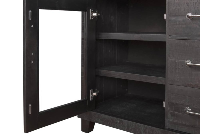 Black wooden cabinet with open door revealing a white interior.