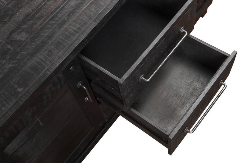 Dark wooden dresser with open drawer on a white background