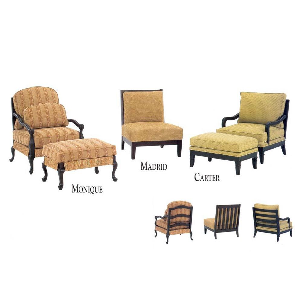 Carter chair by Flores Design with square feet, shown alongside the Monique and Madrid chairs