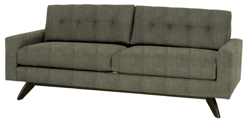 Gray sofa with buttoned backrest on a white background