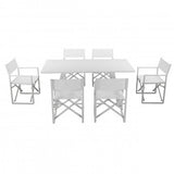 White outdoor table with six matching chairs on a white background