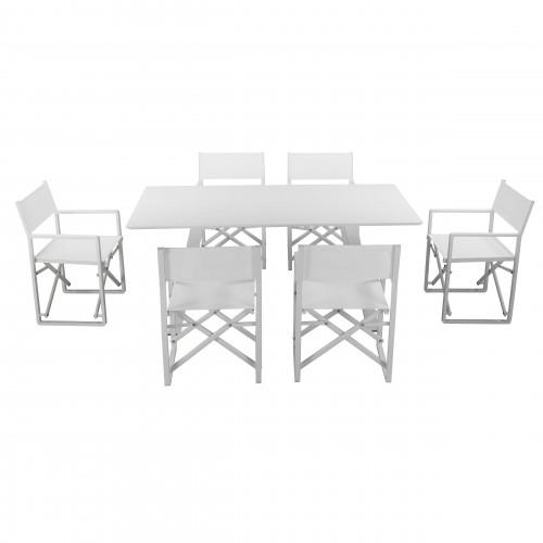 White outdoor table with six matching chairs on a white background