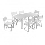 White outdoor table with six matching chairs on a white background