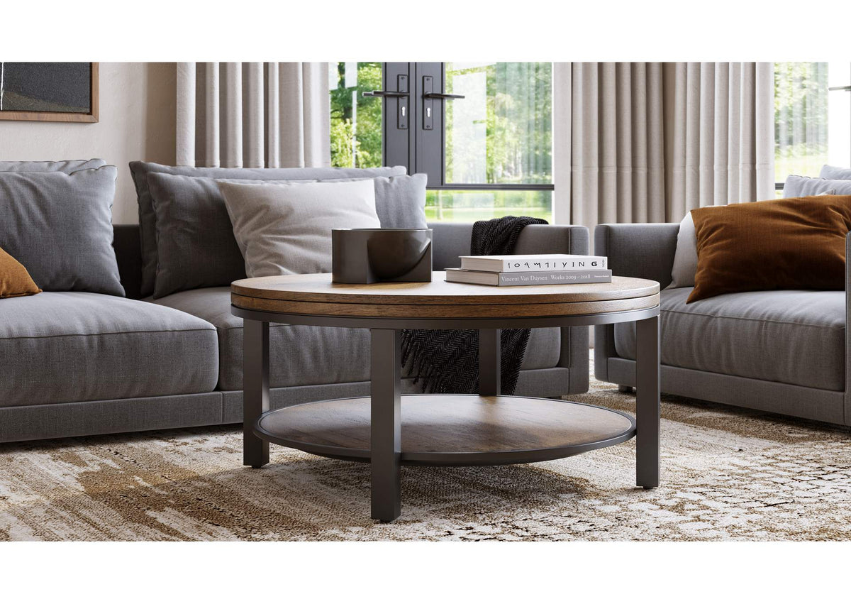 AE8721 Canyon Solid Wood And Metal Round Coffee Table In Washed Grey