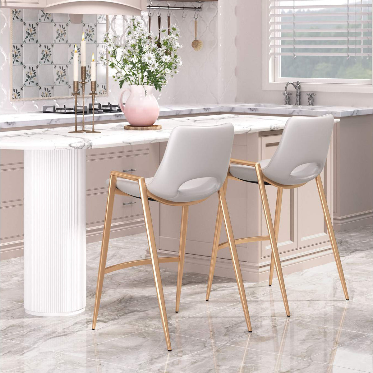 109553 Desi Counter Stool (Set Of 2) White & Gold