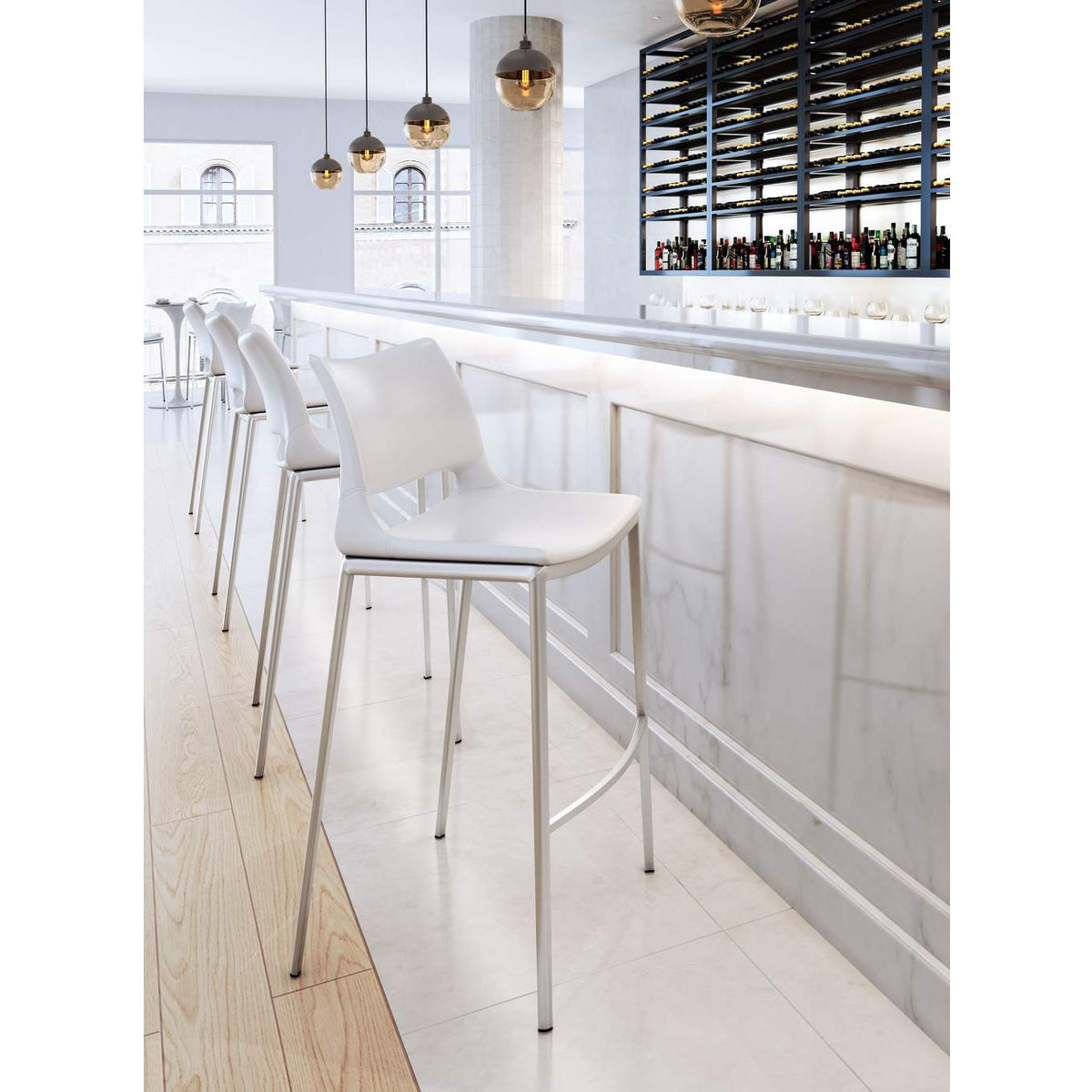 101283 Ace Barstool (Set Of 2) White & Silver
