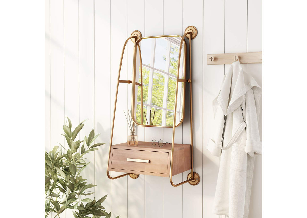 A12232 Peralta Mirror Shelf Brass & Brown