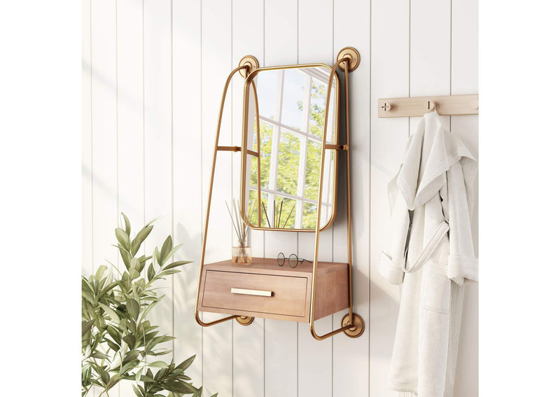 A12232 Peralta Mirror Shelf Brass & Brown