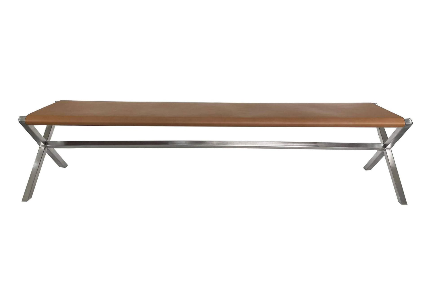 JVHH65 One Modern Coastal Director'S Style Leather Dining Bench In Cognac And Brushed Stainless Steel