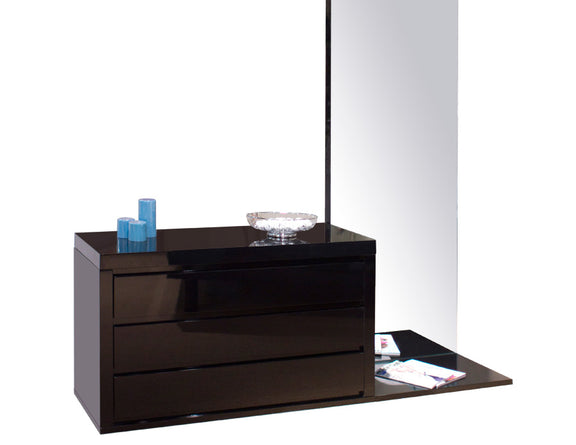 Black dresser with two drawers against a white wall