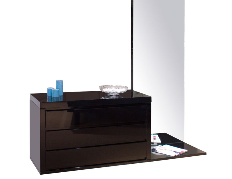 Black dresser with two drawers against a white wall