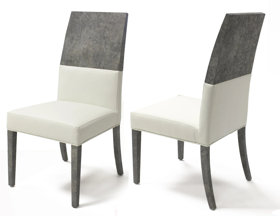 Two dining chairs with white seats and gray backrests on a white background