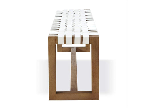 JVLH71W One Woven Leather And Solid Wood Dining Bench In White And Bisque
