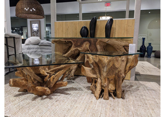JVHS23 One Solid Teak Root Glass Top Console Table